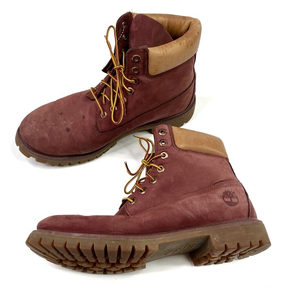 Timberland Men's Waterproof Burgundy Tan Leather Boots Primaloft Size 10.5M